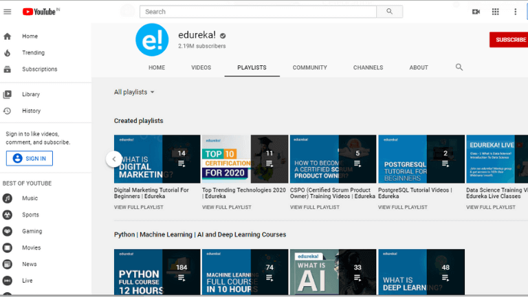 Edureka - A youtube channel to learn coding for free