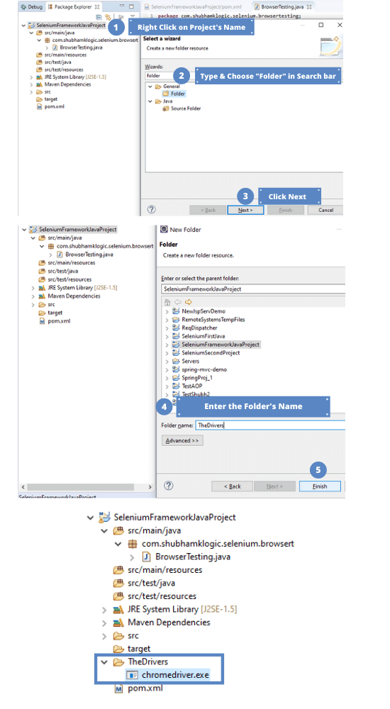 To Set Chrome Driver in Project, Right Click on Project Name > Create New Folder > Paste the ChromeDriver Binary